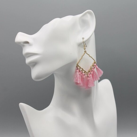 Jewelry earrings tassel statement drop dangle pink yellow gold tone boho new - Picture 4 of 8